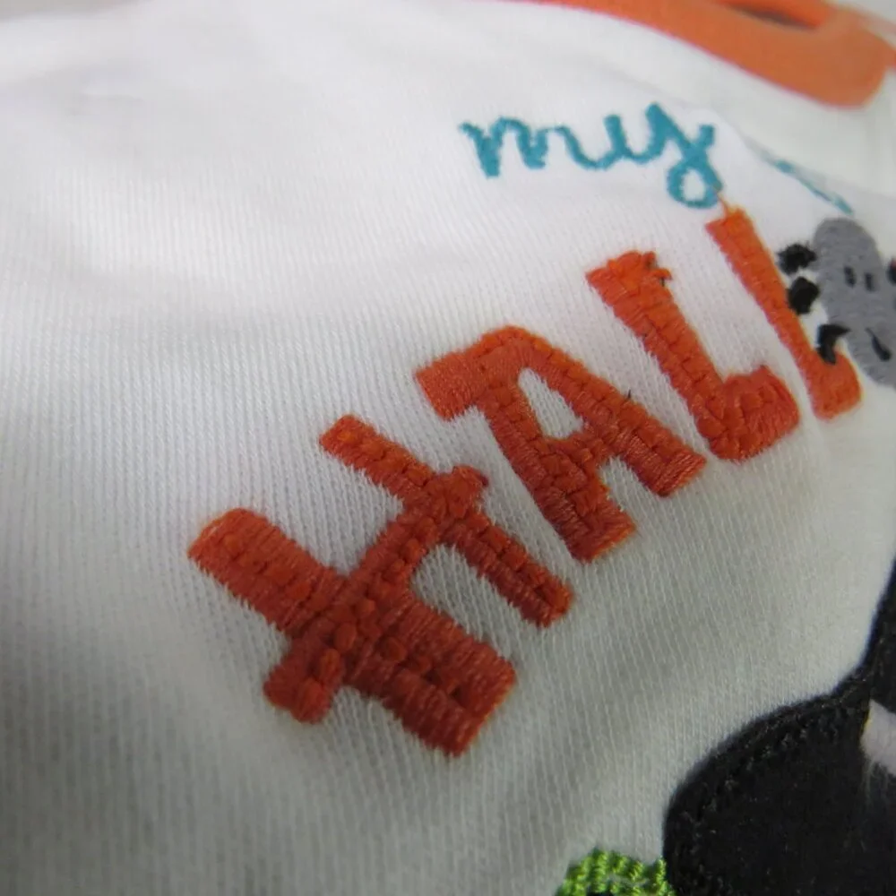 Baby Bib My First Halloween w embroidered witch, black cat & jack-o'-lantern